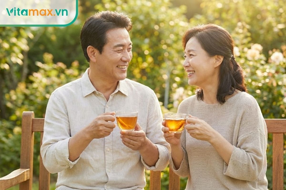 “cặp đôi trung niên khỏe mạnh đang thưởng thức trà thiên sâm giúp tăng cường miễn dịch và an thần