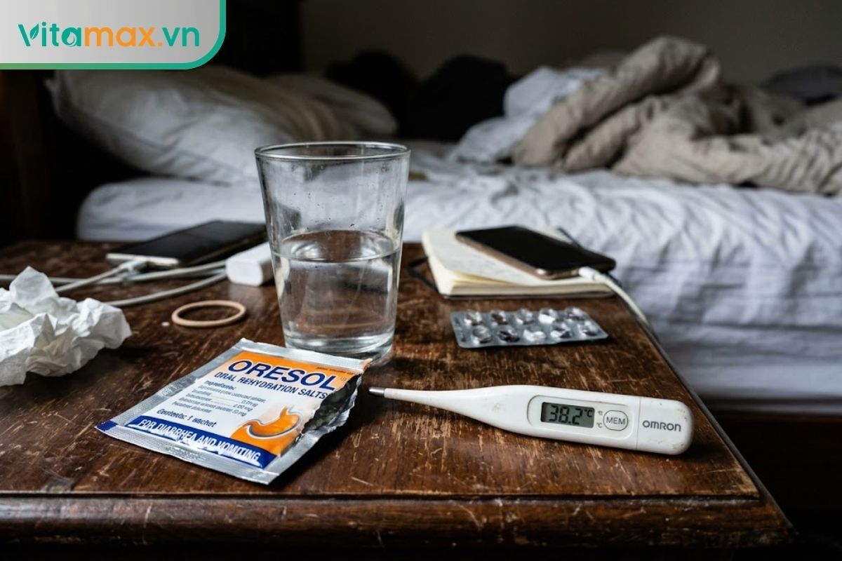 Chai nước lọc, cốc nước oresol và nhiệt kế điện tử đặt trên bàn gỗ cạnh giường người bệnh đang sốt.