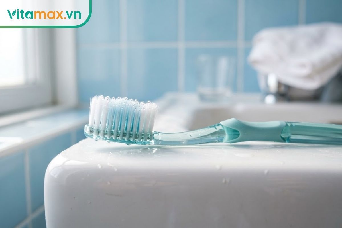 Cận cảnh một chiếc bàn chải đánh răng lông tơ rất mềm mại đặt trên thành bồn rửa mặt sứ trắng sạch, có những giọt nước đọng trên lông bàn chải.