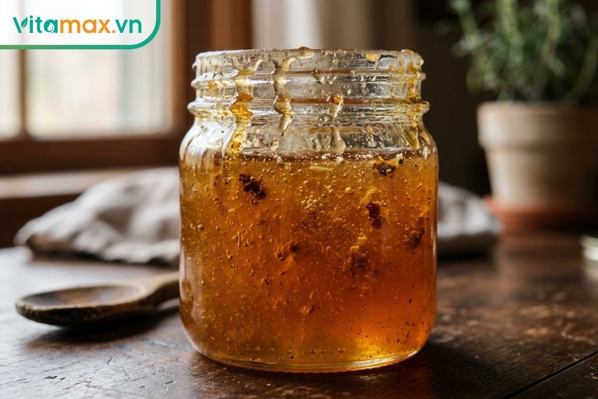 Hũ mật ong thô vắt thủ công còn lẫn sáp ong và phấn hoa tự nhiên gây ra vị đắng nhẹ.