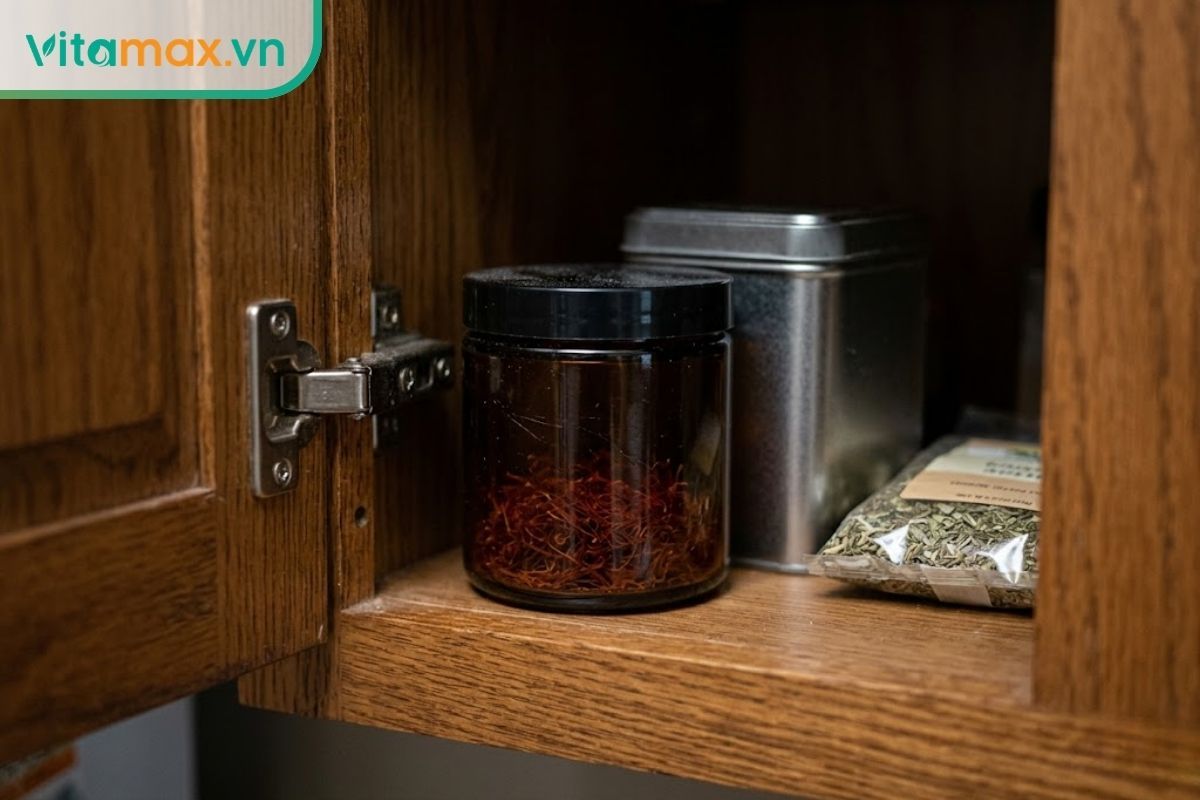 Hũ thủy tinh tối màu đựng saffron được cất cẩn thận trong một ngăn tủ bếp bằng gỗ khô ráo, tránh ánh sáng trực tiếp.