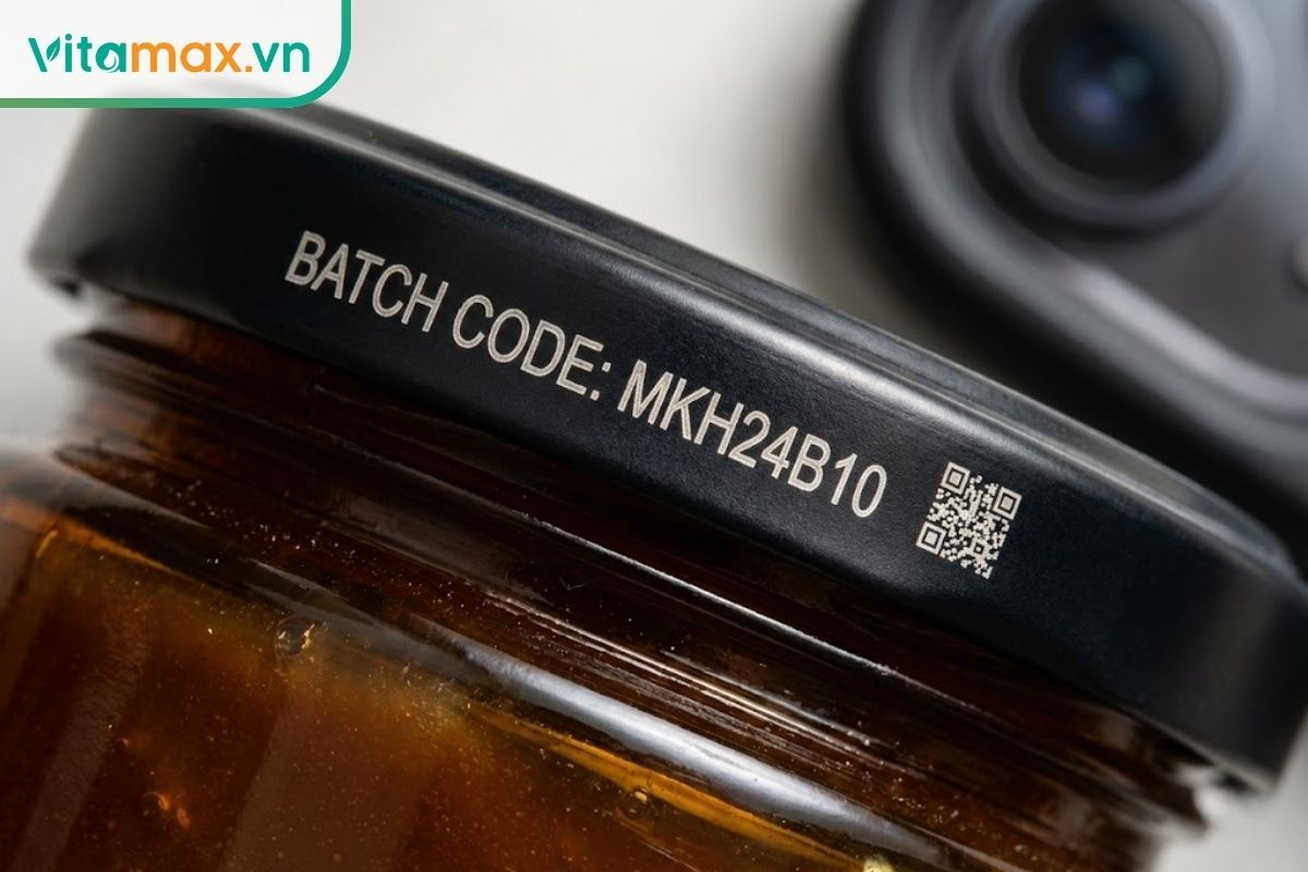 Cận cảnh mã Batch Code và QR Code được in laser sắc nét trên nắp lọ mật ong Manuka.