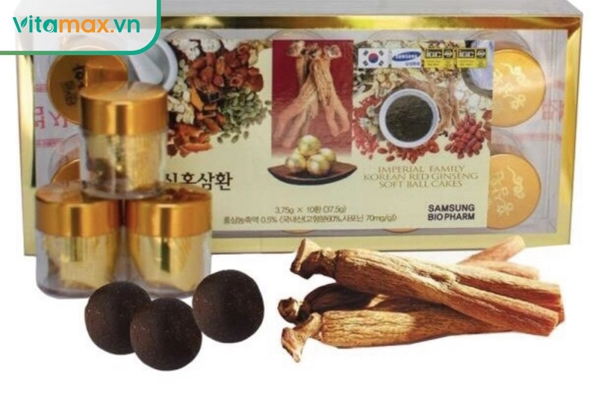 Viên hoàn hồng sâm kích thước lớn, bọc trong lớp vỏ nhựa hoặc giấy vàng sang trọng.