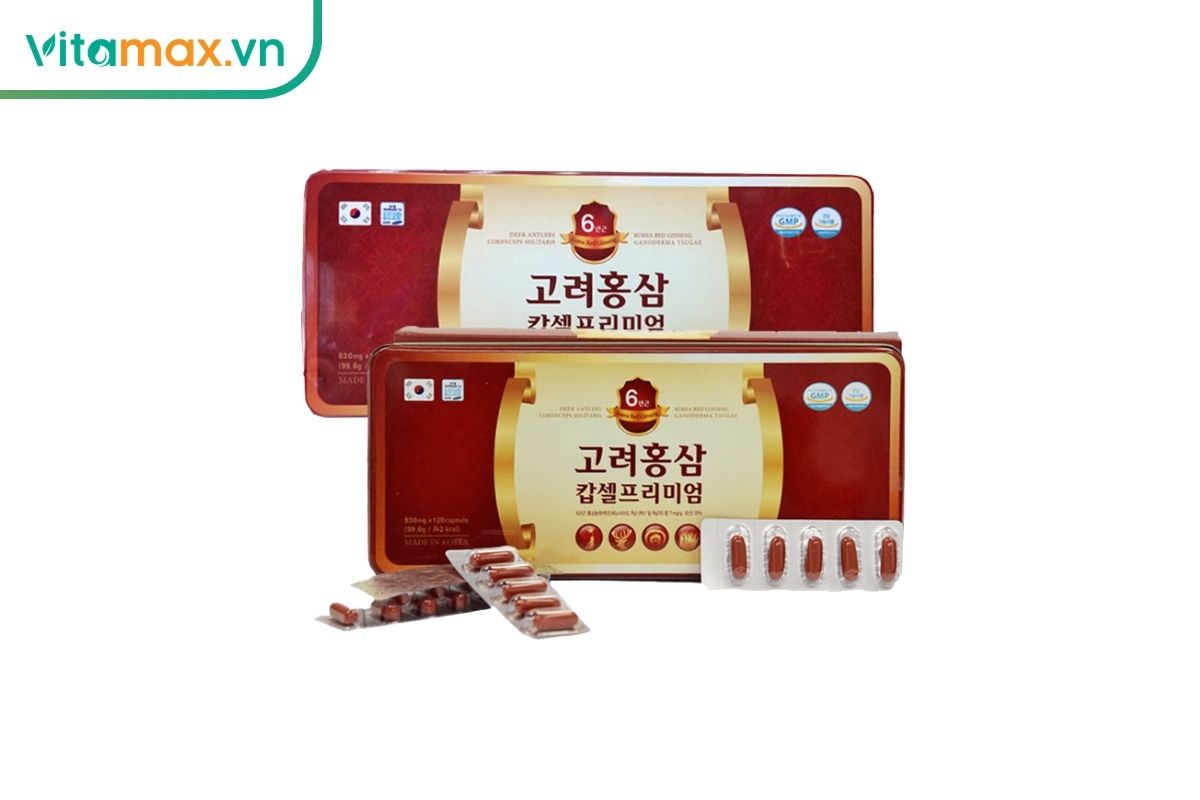 Hộp Viên Hồng Sâm Nhung Hươu Linh Chi Đông Trùng Daedong 120 viên cùng các vỉ viên nang màu đỏ