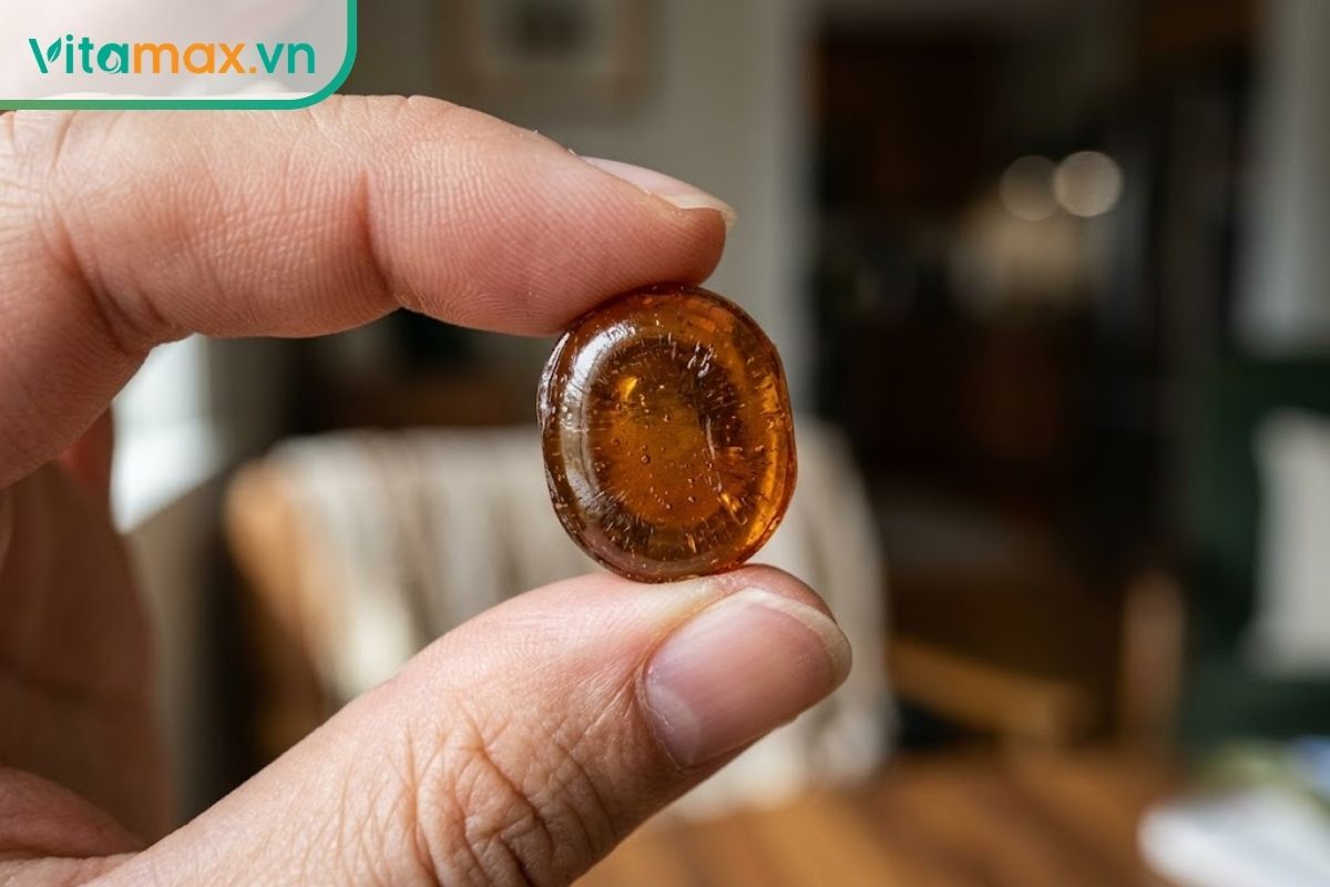 Cận cảnh hai ngón tay cầm một viên kẹo hồng sâm Hàn Quốc cứng màu nâu hổ phách trong suốt dưới ánh sáng tự nhiên.