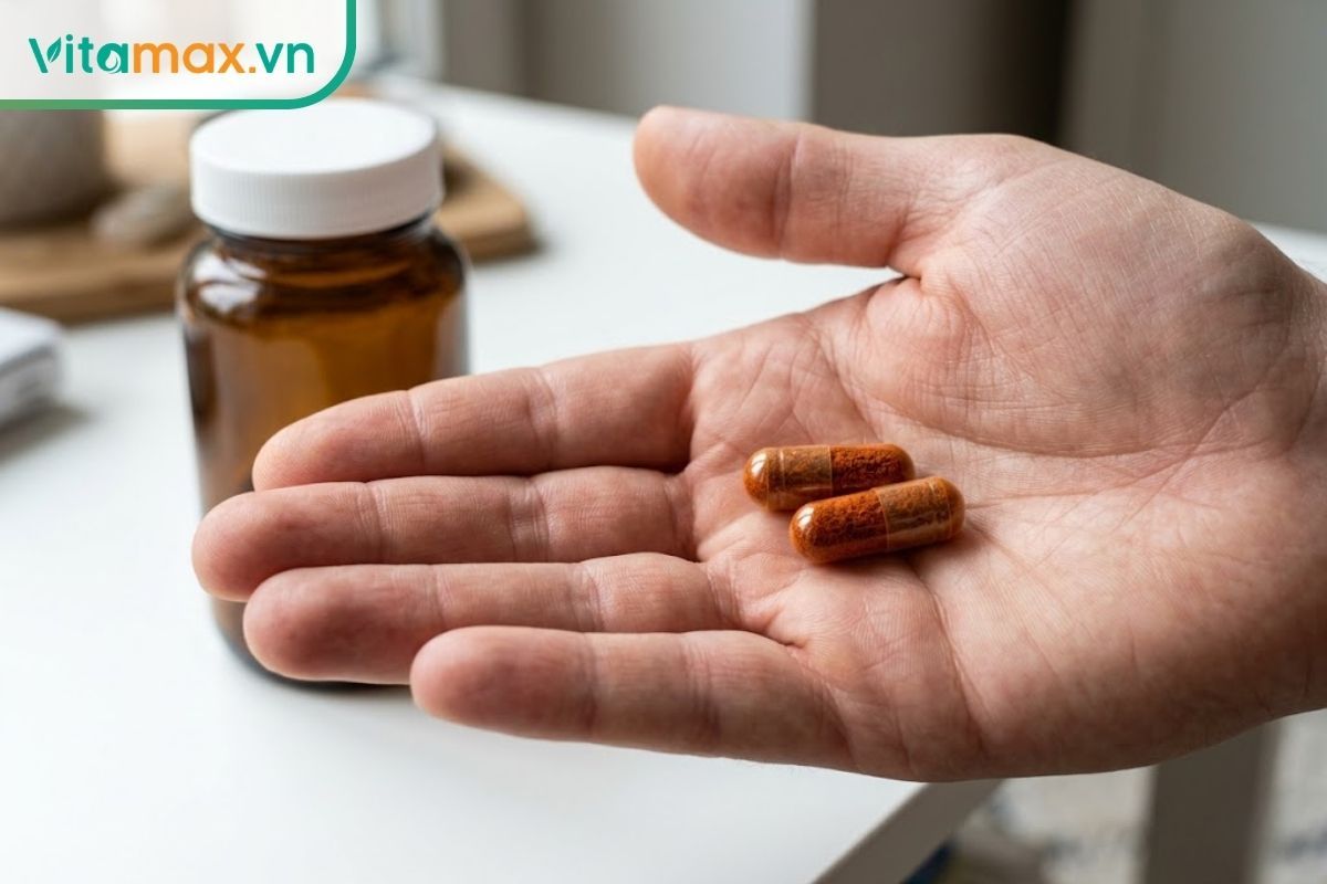 Cận cảnh lòng bàn tay đang cầm hai viên nang chứa bột chiết xuất saffron chuẩn hóa màu cam đỏ.
