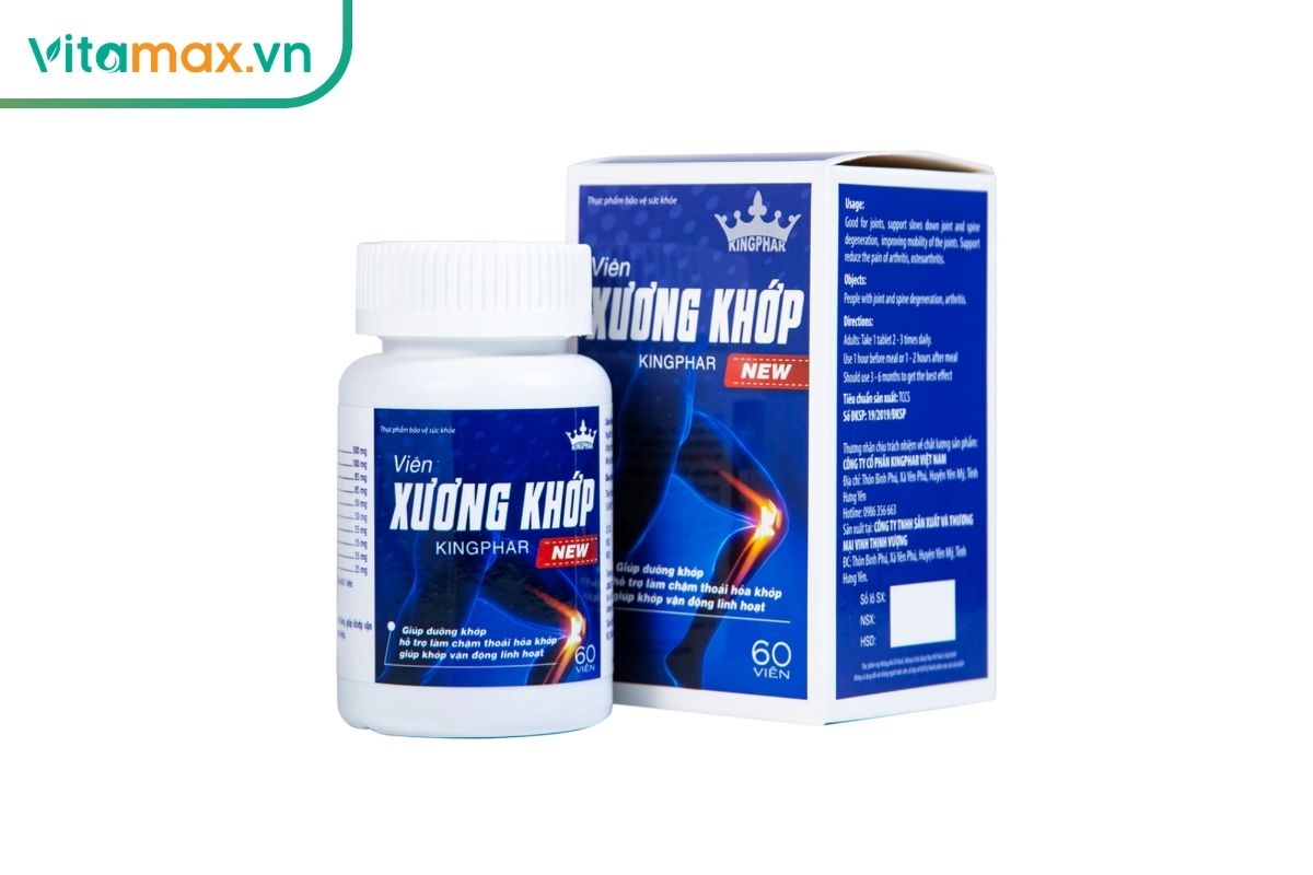 Lọ và hộp Kingphar New màu xanh trắng, bao bì thể hiện sản phẩm viên uống hỗ trợ chăm sóc và vận động khớp.
