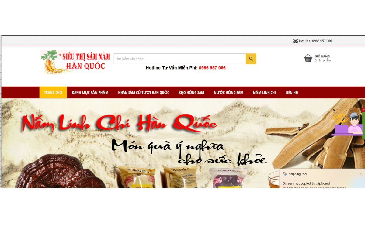 Giao diện website bán hàng trực tuyến của Siêu Thị Sâm Nấm Hàn Quốc HT.