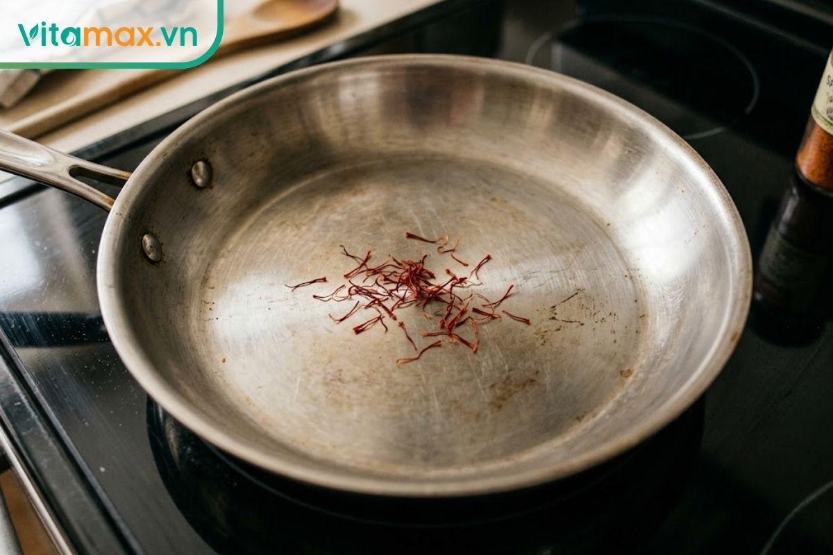 Cho một ít sợi saffron lên chiếc chảo kim loại khô ráo để làm nóng nhẹ giúp hút ẩm.