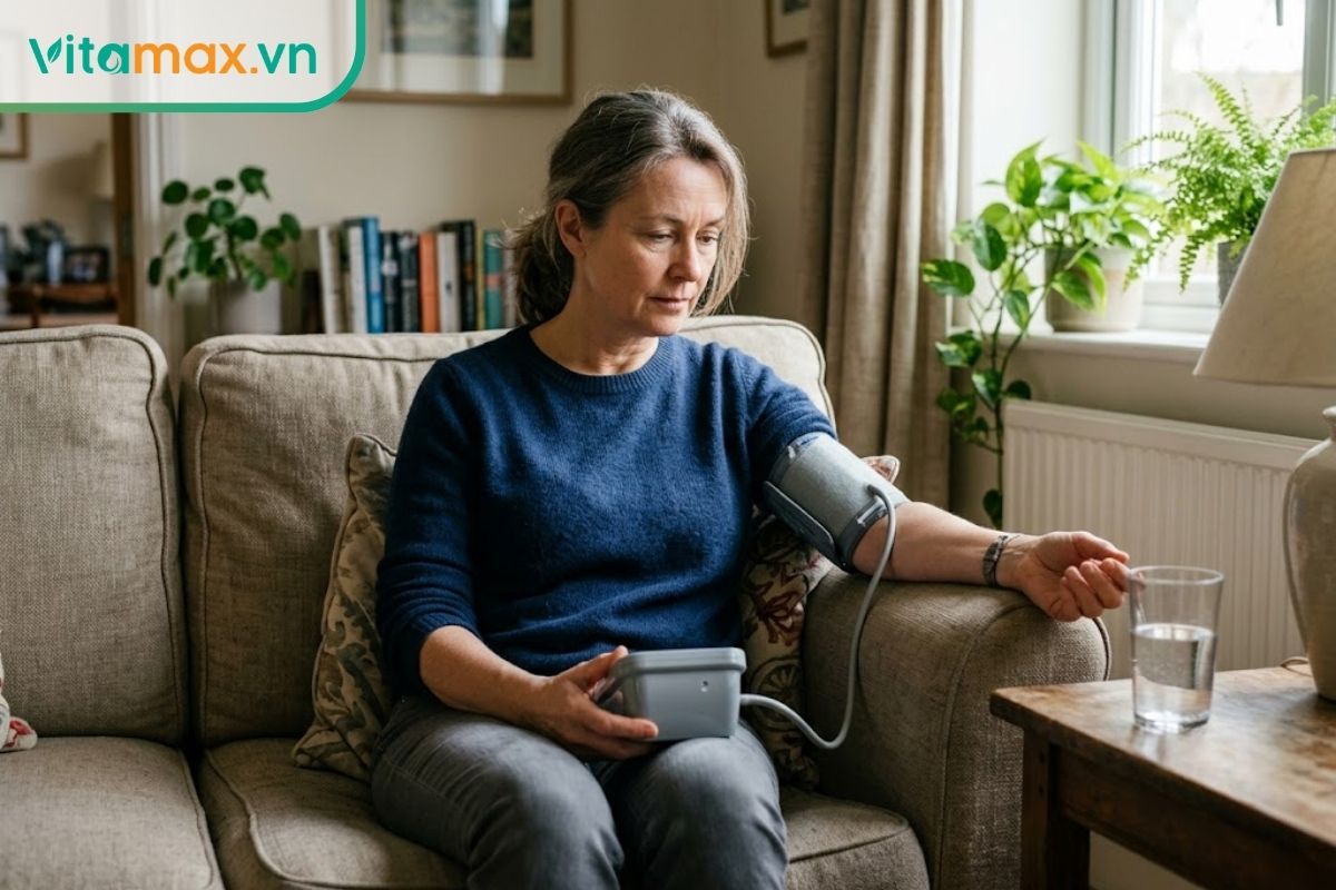 Người trưởng thành ngồi nghỉ và kiểm tra huyết áp tại nhà, bên cạnh có nước uống để theo dõi tình trạng cơ thể.