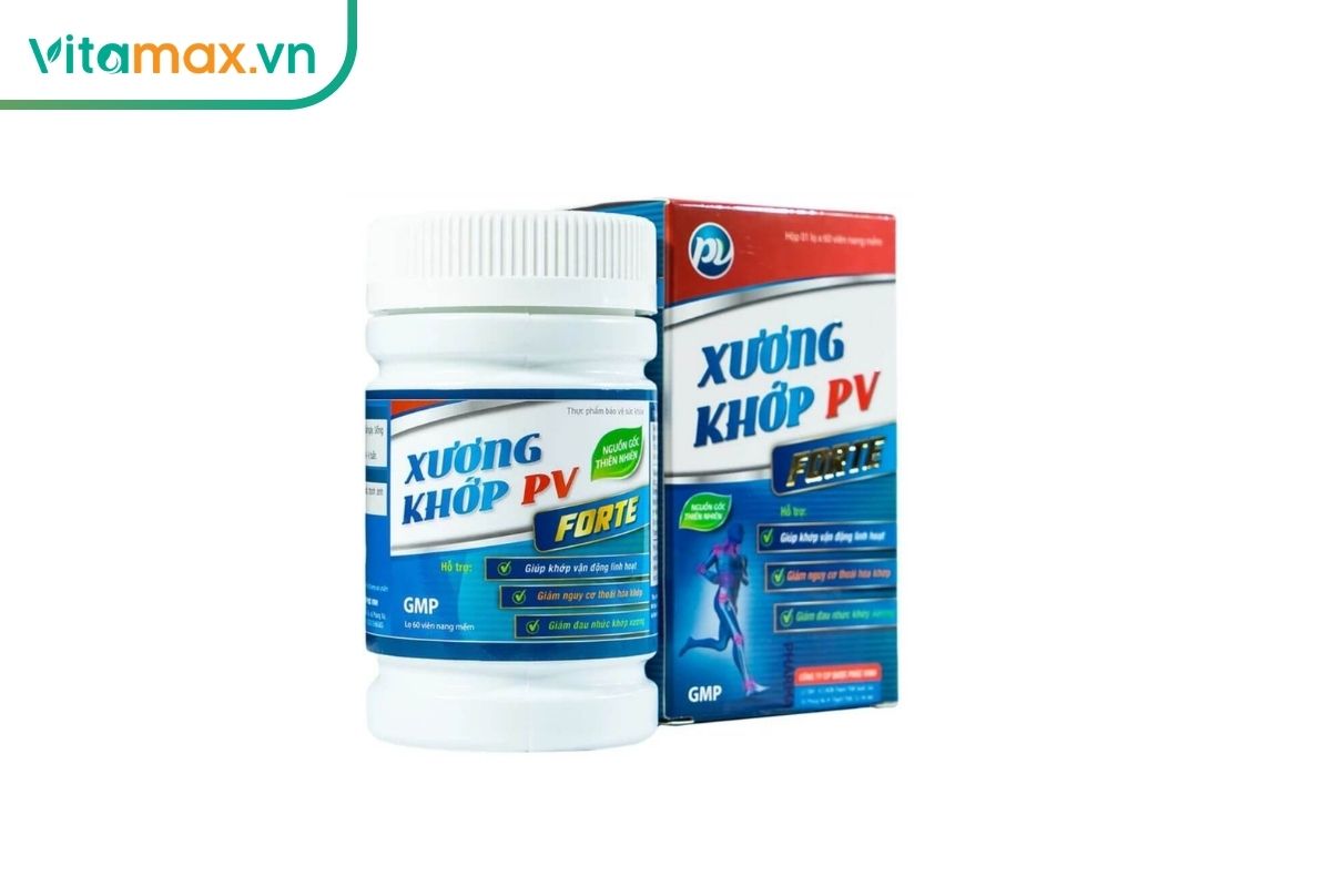 Lọ và hộp Xương Khớp PV Forte màu xanh trắng, bao bì thể hiện dòng viên nang mềm hỗ trợ chăm sóc xương khớp.