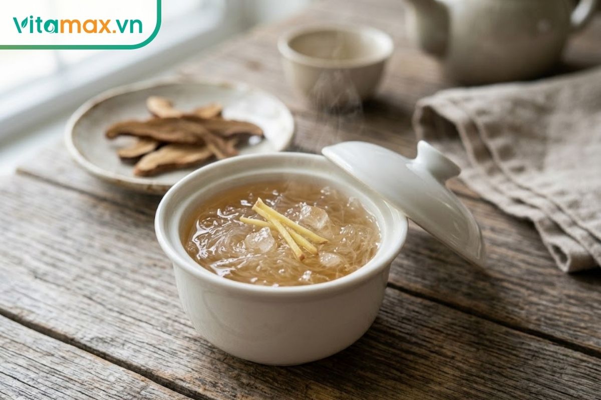 Thố yến chưng nước cốt linh chi màu hổ phách nhạt với sợi yến, đường phèn và vài sợi gừng mỏng.
