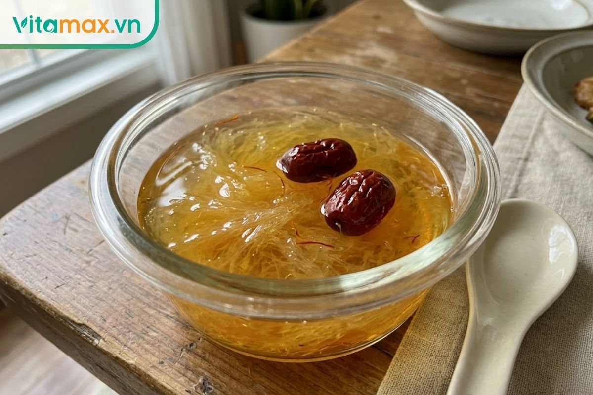 Bát thủy tinh đựng yến chưng saffron màu vàng trong vắt, điểm xuyết vài quả táo đỏ căng mọng, đặt trên một chiếc đĩa sứ.