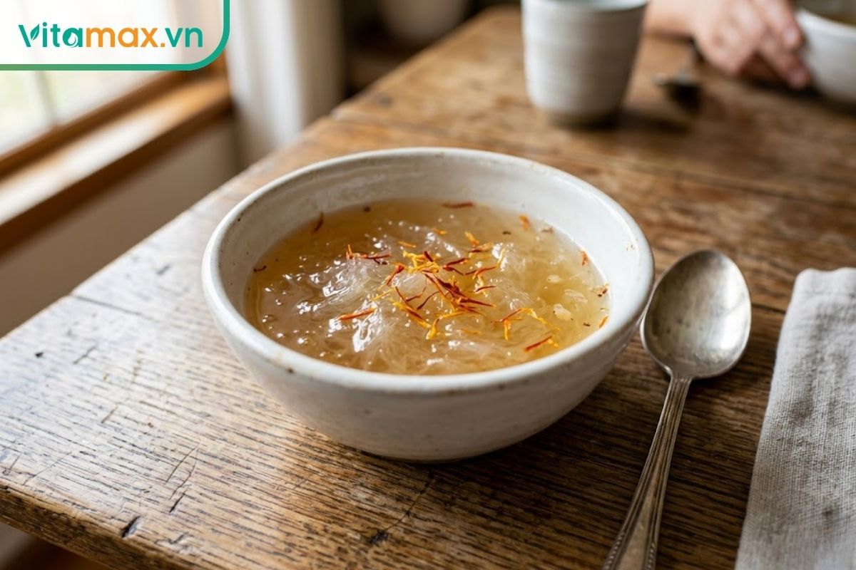 Bát yến chưng saffron màu vàng óng tự nhiên, sợi yến trong suốt đặt trên bàn gỗ mộc mạc, thể hiện độ thơm ngon của món ăn.