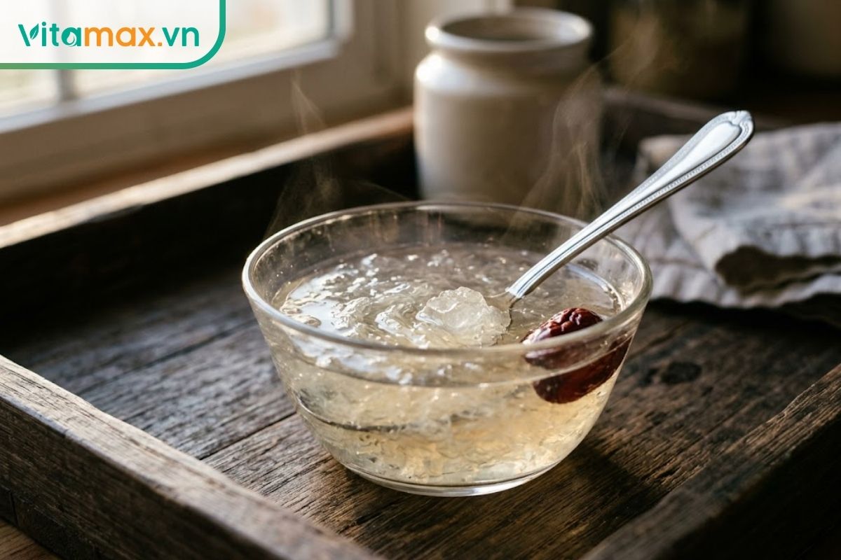 Bát yến sào chưng đường phèn táo đỏ ấm nóng đặt trên khay gỗ mộc mạc, món ăn phụ bổ dưỡng giúp tăng sức đề kháng cho thai kỳ.