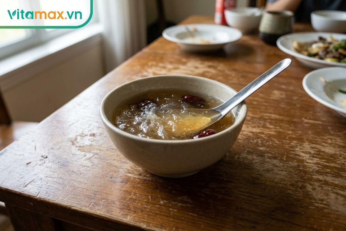 Chén yến sào chưng mộc mạc trên bàn ăn gia đình. Yến sào là giải pháp dinh dưỡng bồi bổ dịu nhẹ thay thế cho sâm Ngọc Linh.