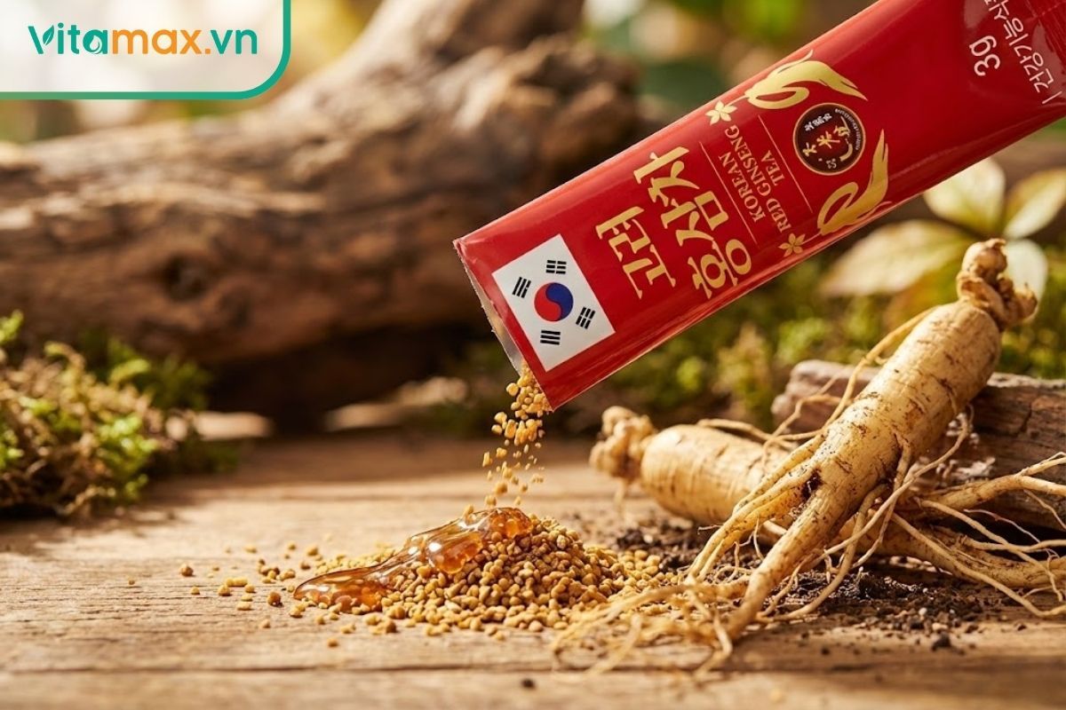 cận cảnh gói trà sâm dạng stick và củ sâm tươi minh họa hàm lượng saponin